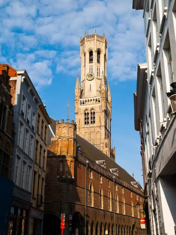 Tall stone octagonal tower with histoci buildings in the forefront