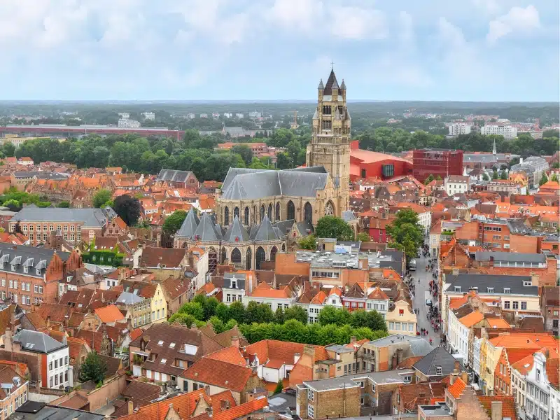 the Skyline of Brugge Belgium with Bruge cathedral at the center.