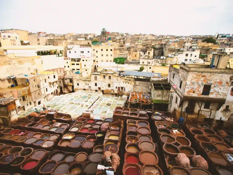 Aerial view of a tannery within a Moroccan Medina