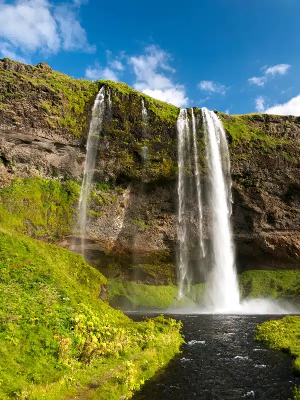 Waterfall cascading into pond surrounded by vegetation