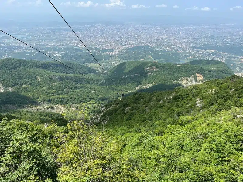 Cable car above a forest and city