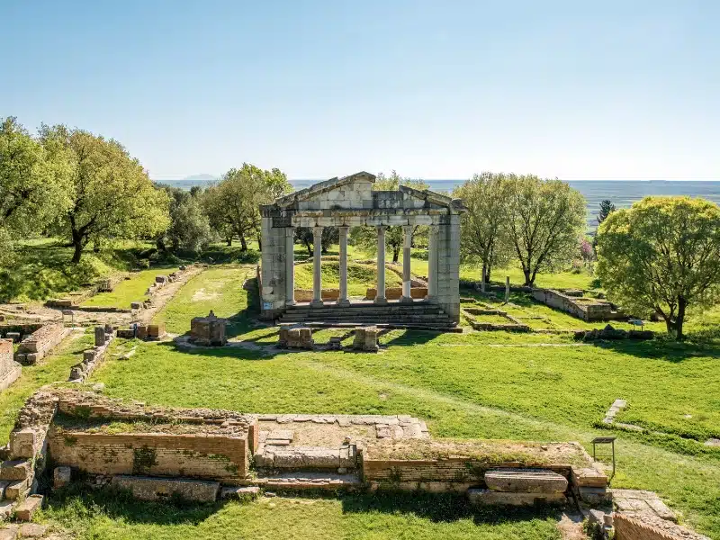 Greek temple ruins by the sea