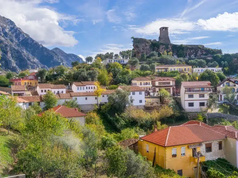 Castle on a cliff overlooking red roofed buildings