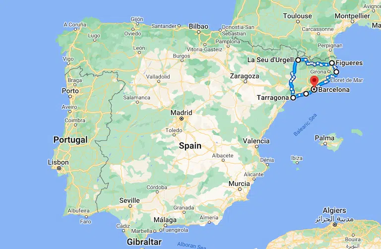 Barcelona road trip 1 week itinerary shown on a road map
