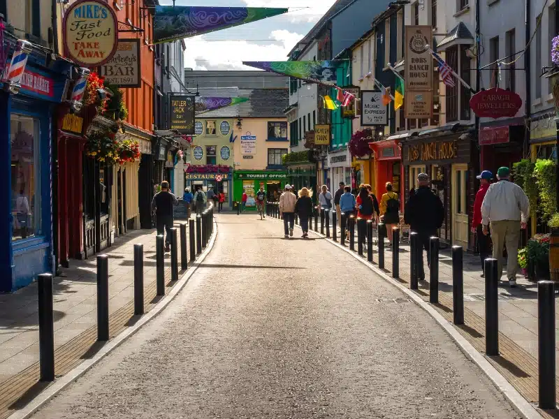 High Street with pavements and colorful shops