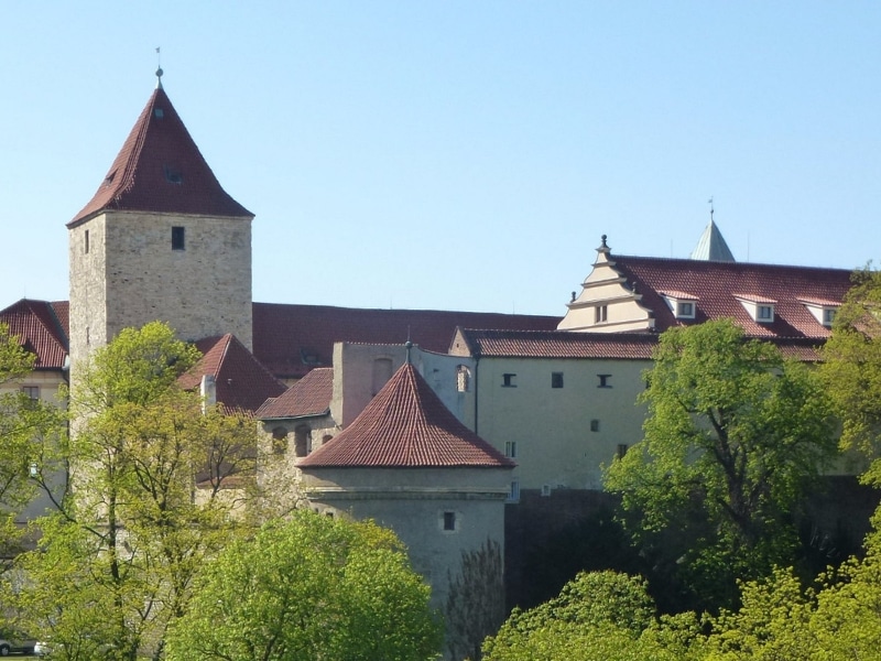 Stone towers and buildings with red roofs and trees in the foreground