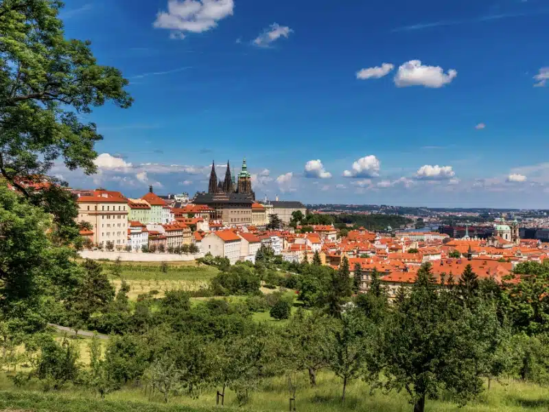 Prague Castle and Lesser Town panorama viewed from Petrin Hill. 