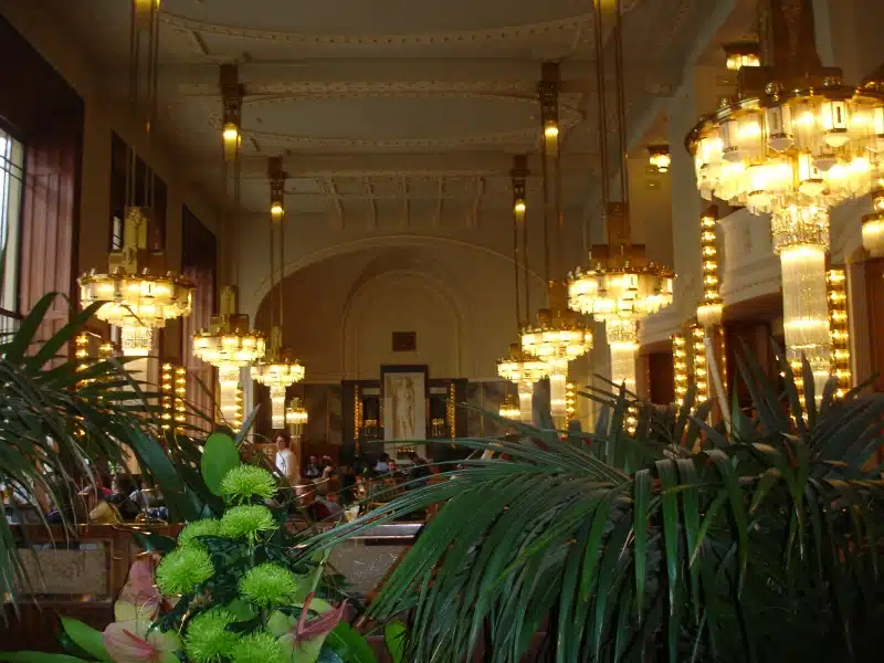 Art Nouveau style cafe with lush house plants and chandeliers