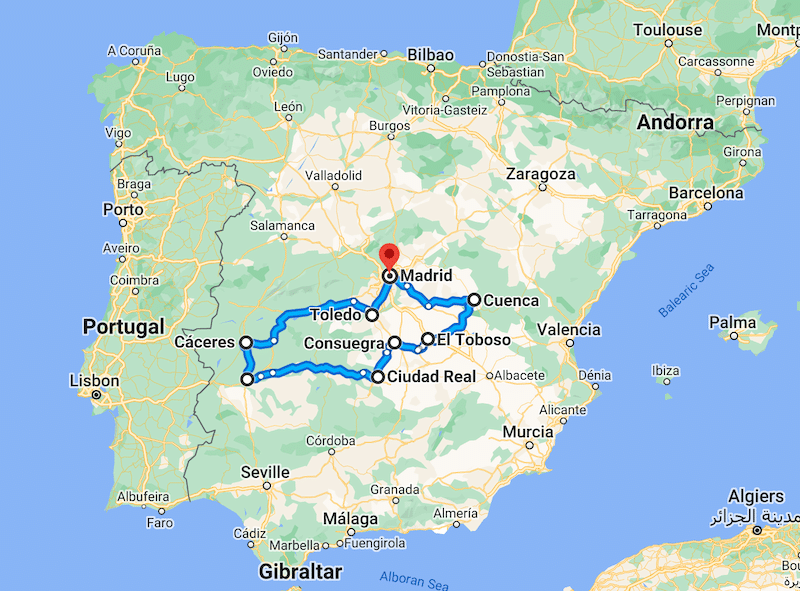 central Spain road trip map