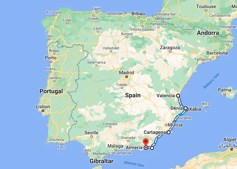 map of a Valencia to Almeria road trip in Spain