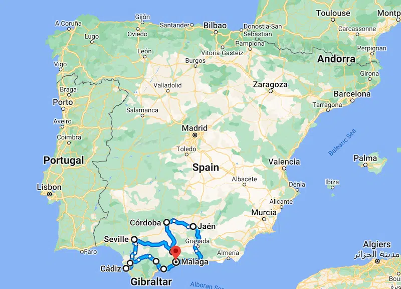 road map of an Andalucia road trip in south of Spain 