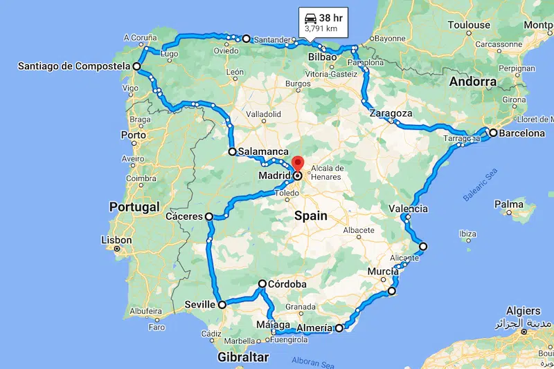 map of a route around Spain