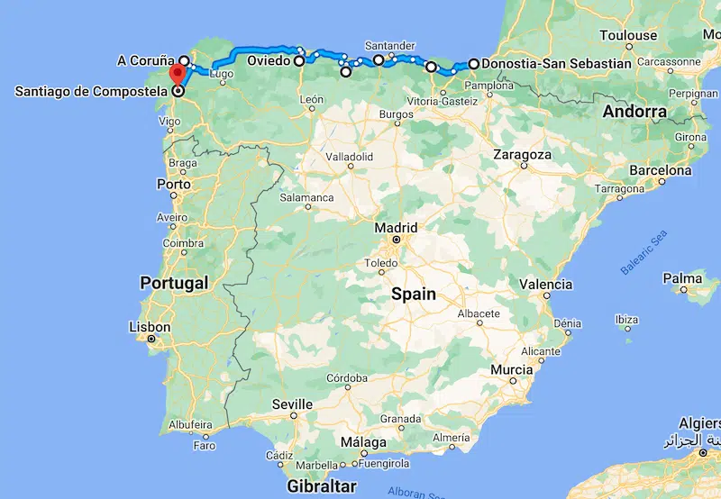 San Sebastian to Santiago de Compostela road trip route on a map