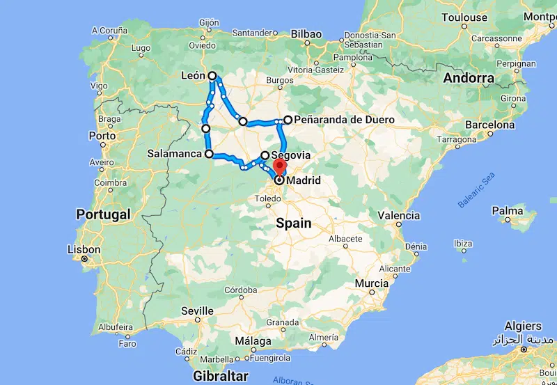 map of a Madrid road trip showing route
