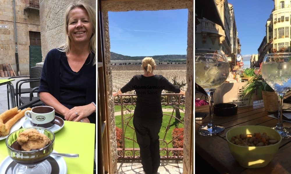 Trio of images showing a blond haired woman enjoying hot chocolate and looking over a balcony to a vineyard