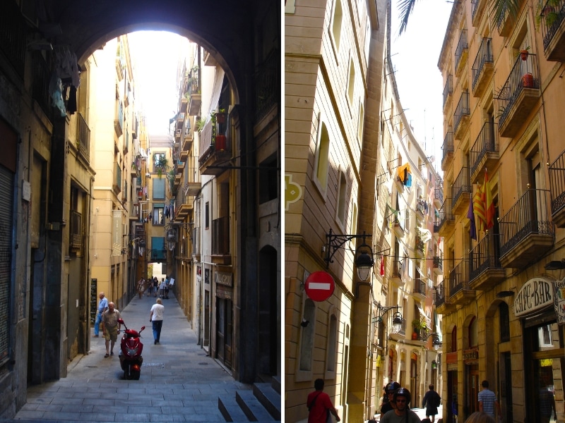 Narrow alleys lined with tall buildings, many displaying flags, flowers or drying washing!