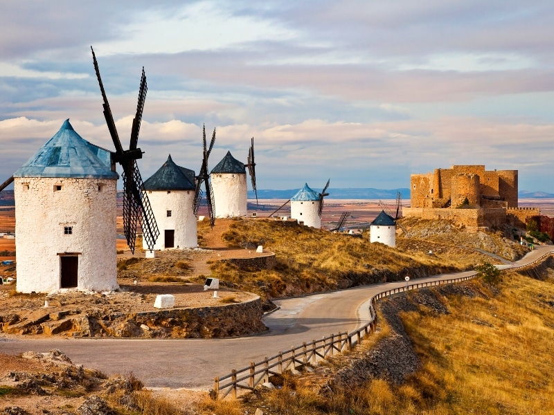 row of conical windmills with slate blue roofs and a stone castle in the background