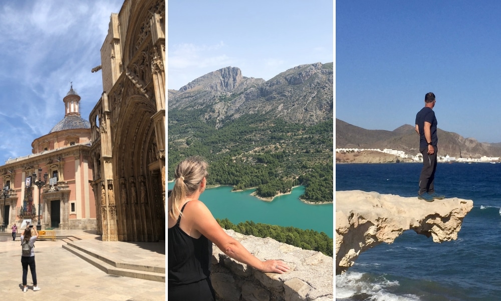 Trio of images showing a a couple in a city environment, overlooking a turquoise lake and on a rock by the sea