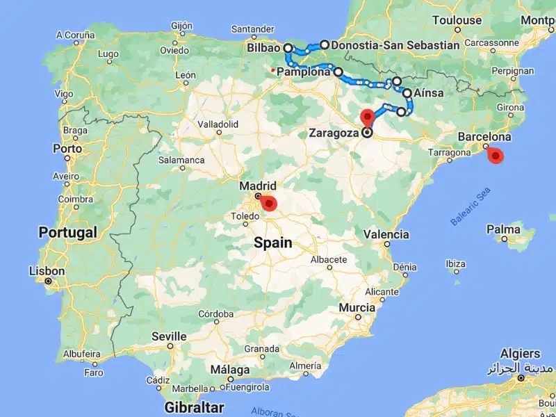 Basque and Pyrenees road trip map
