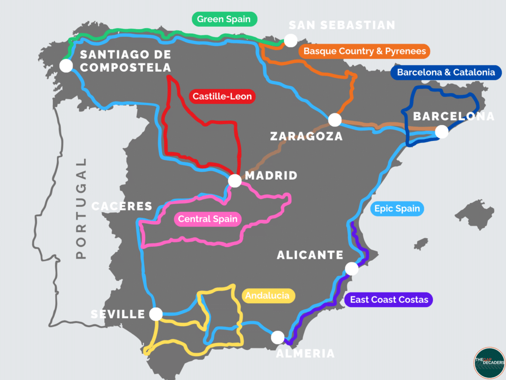 the best road trips in Spain map