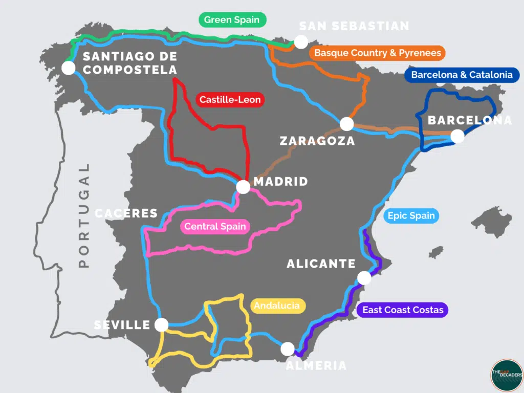 the best road trips in Spain map