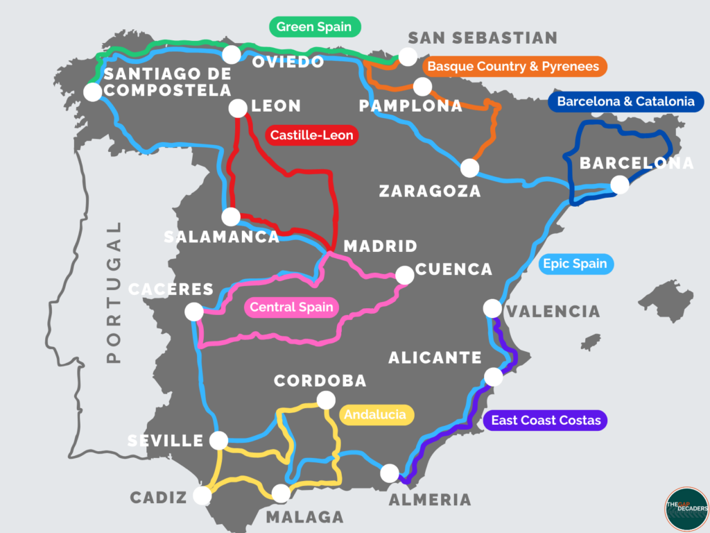 the best road trips in Spain map