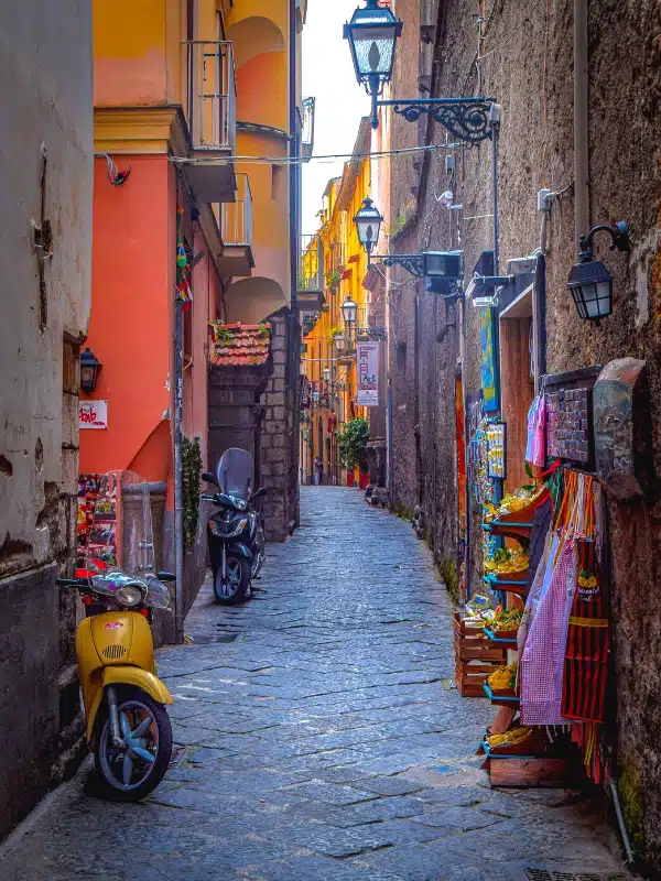 Narrow cobbled alley lined with tall colorful houses.