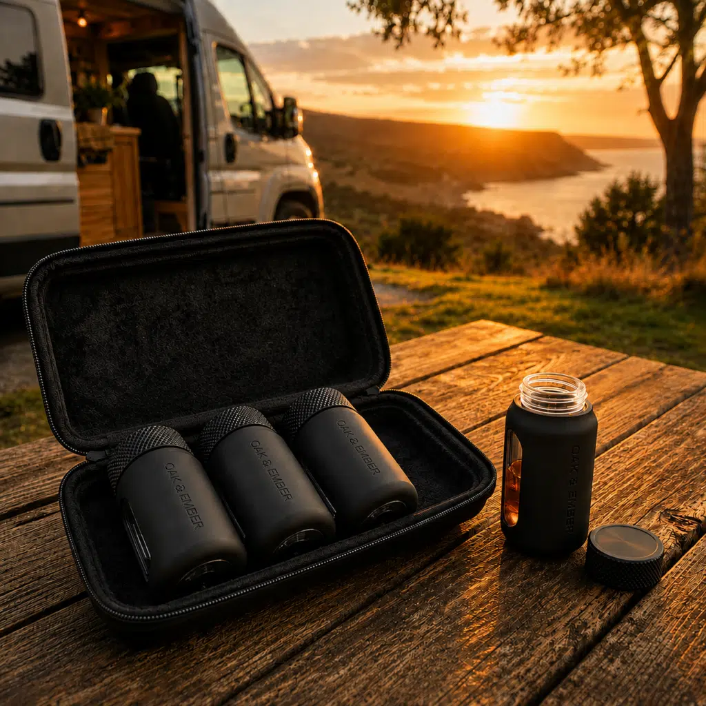 whisky flasks in a protective case with a campervan in the background