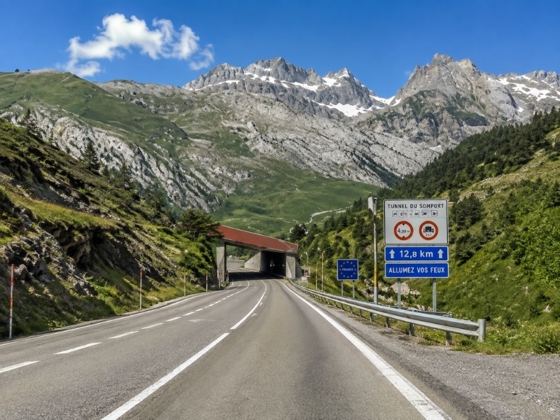 Road through the French Pyrenees approaching the Somport Tunnel on the route to Spain