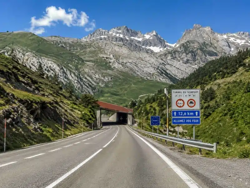 Road through the French Pyrenees approaching the Somport Tunnel on the route to Spain