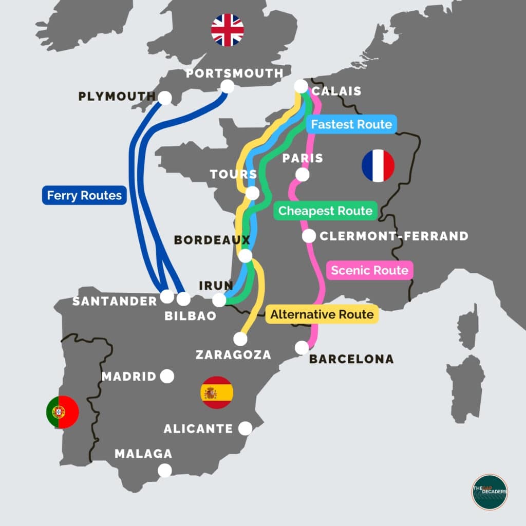 Driving to Spain from the UK map