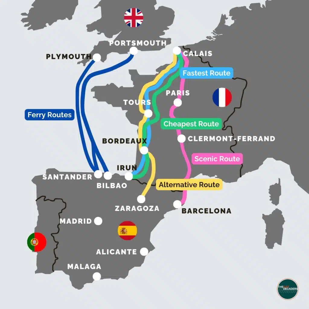Driving to Spain from the UK map