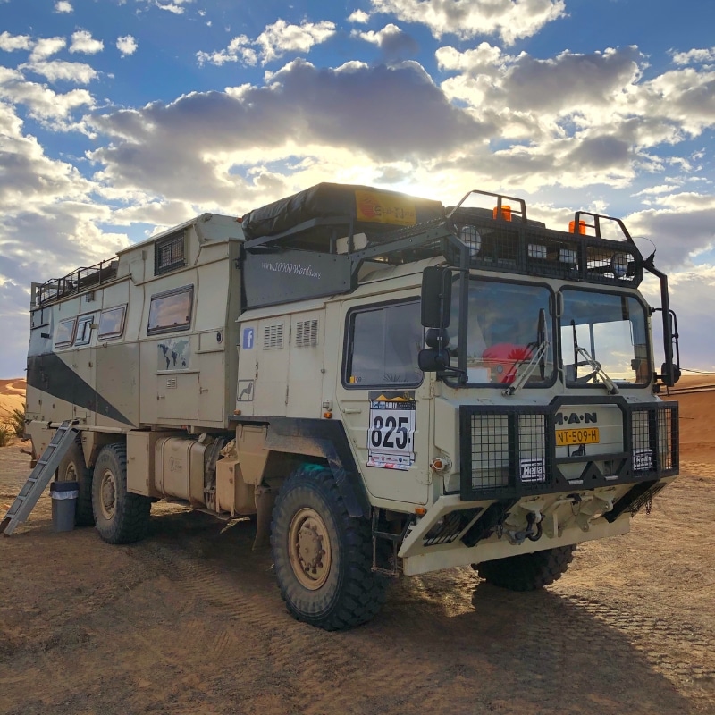 overland truck motorhome in the desert of Morocco
