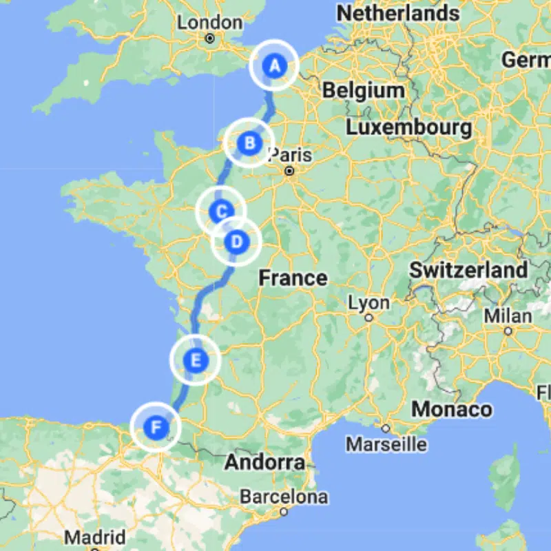 Driving from Uk to Spain map