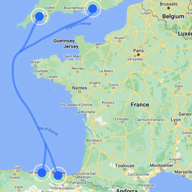 map of ferry routes to Spain from the UK