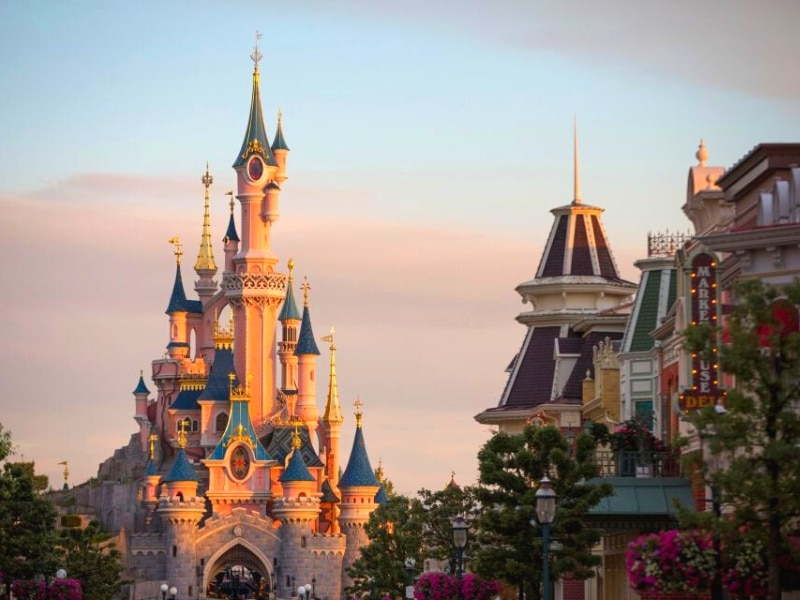 Disney castle at sunset in Disneyland Paris