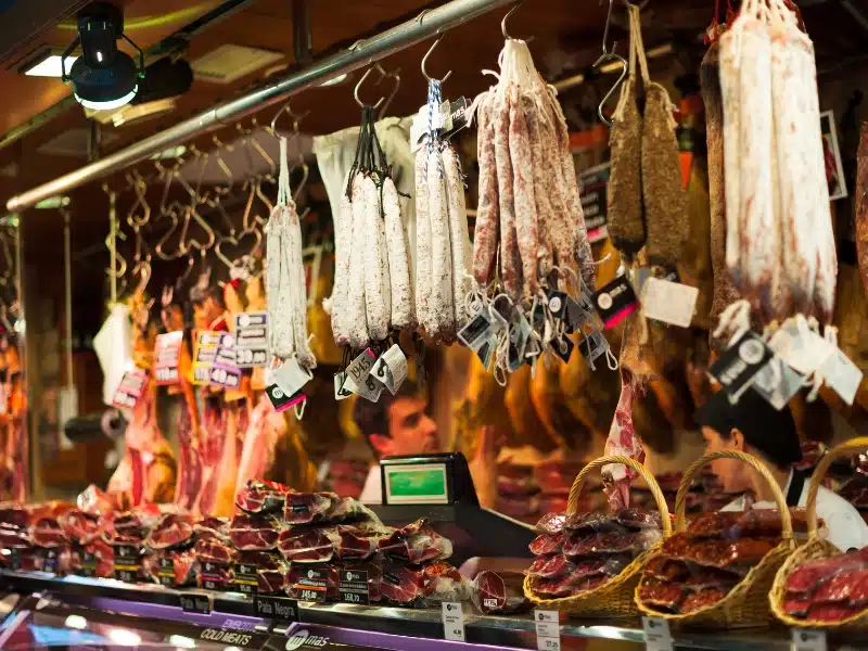 hanging sausage and meat in a Spanish market