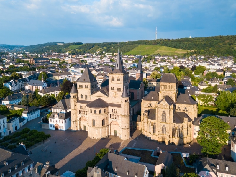 historic buildings surrouned by a town with a rural background