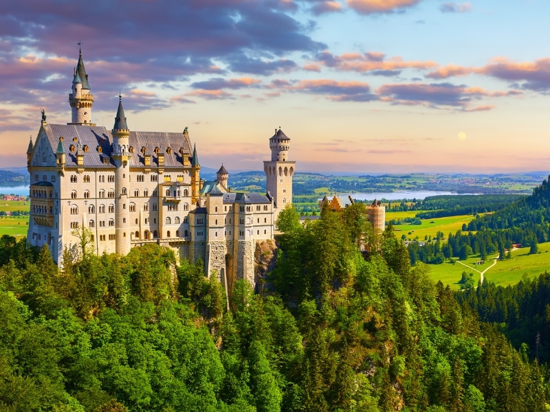 Disney like castle surrouned by forests and lakes