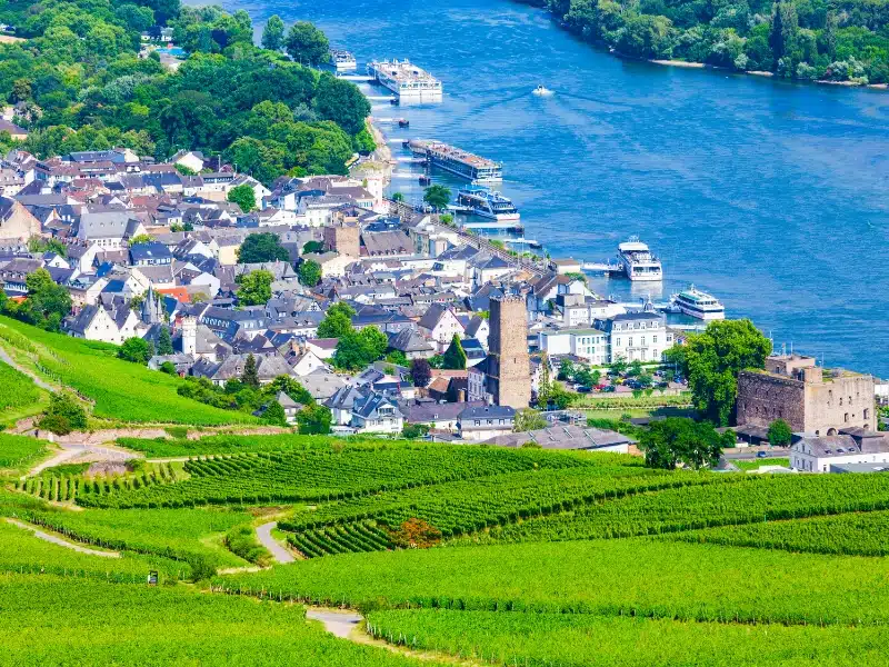 town on a river surrouned by vineyards
