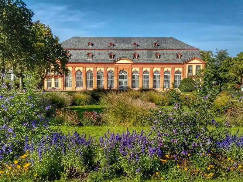 large building with many ornate tall oval topped windows with a garden full of purple flowers and grasses