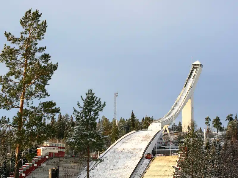 large articicial ski slope surrouned by pine trees