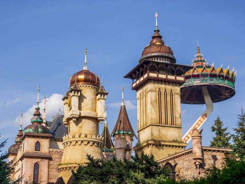rides and buildings in a theme park