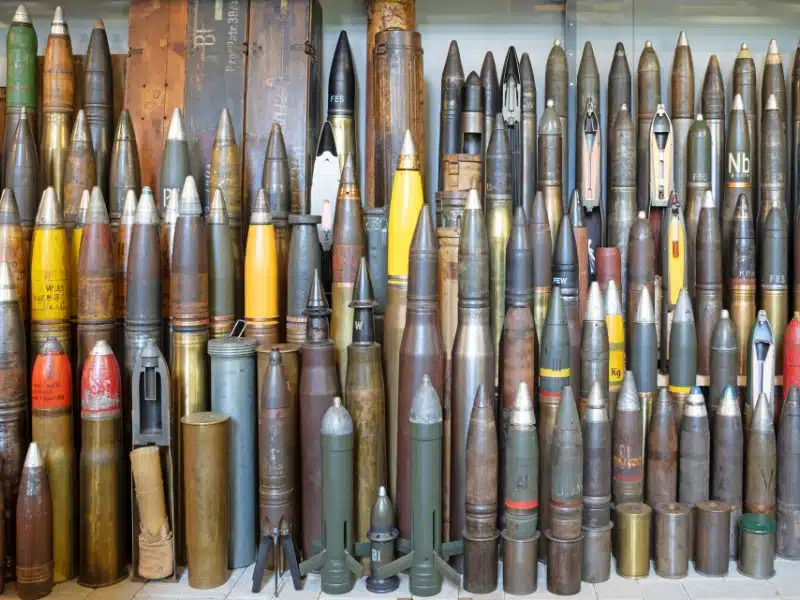 bullets and artillery shells of differing sizes lined up