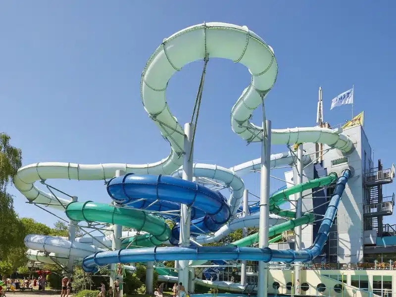 water slides in shades of blue and green