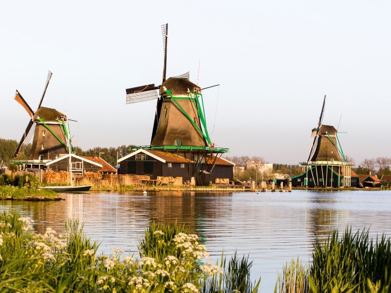 three brown windmills with green woodword sitting in a body of water surrouned by grasses