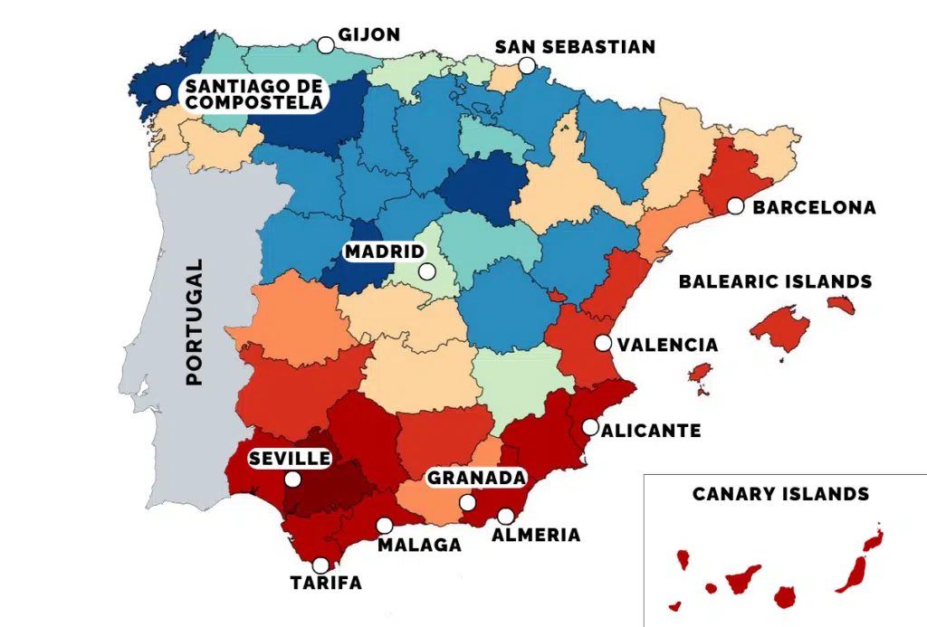 winter weather in spain map by temperature