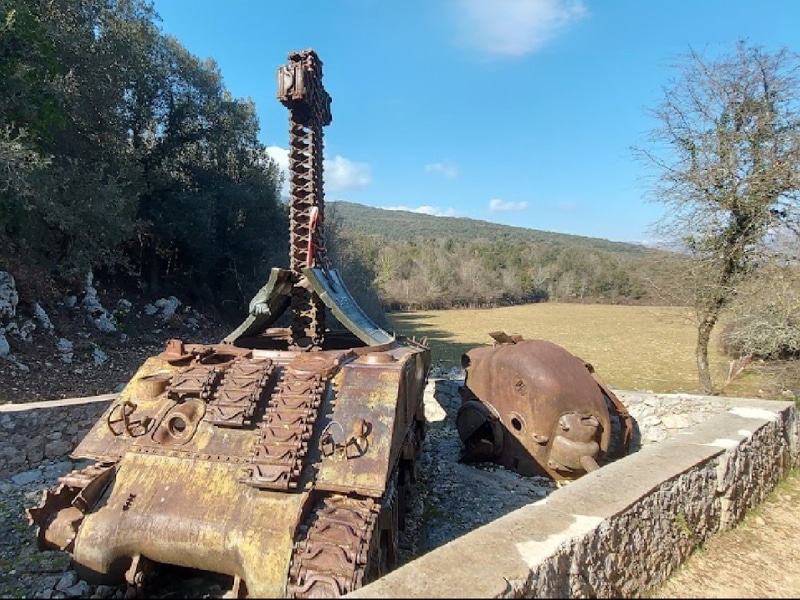 rusting WWII tank surrouned by fields and trees