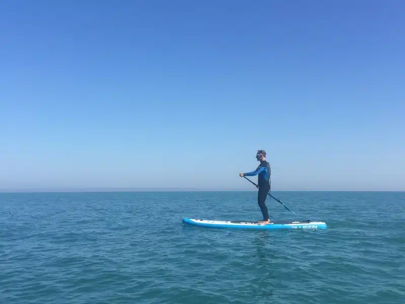 man in a wersuit on a paddleboard in the sea