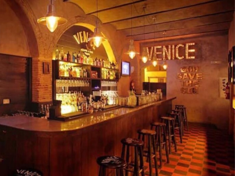 a bar with wooden bat top and stools